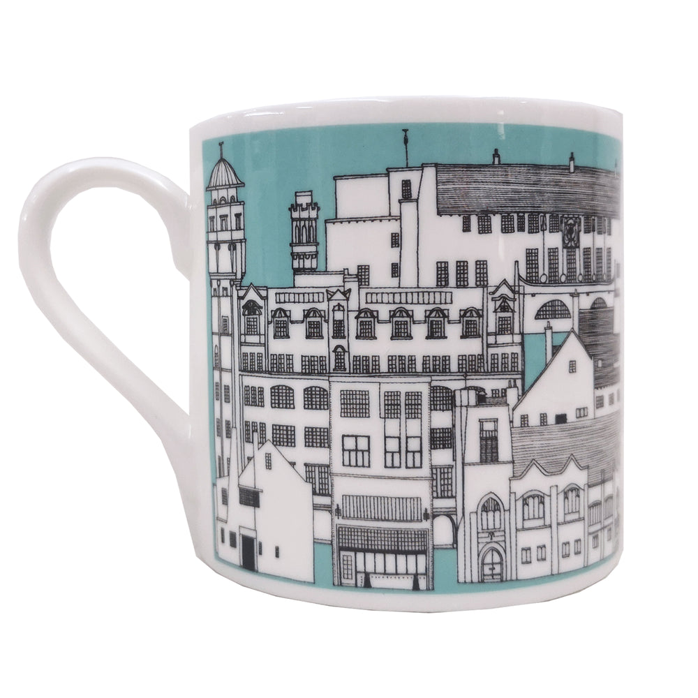 Mackintosh Mug by Illustration, Etc. A light blue mug with a white rim and handle. The mug features a black and white illustration showing famous buildings designed by Charles Rennie Mackintosh.