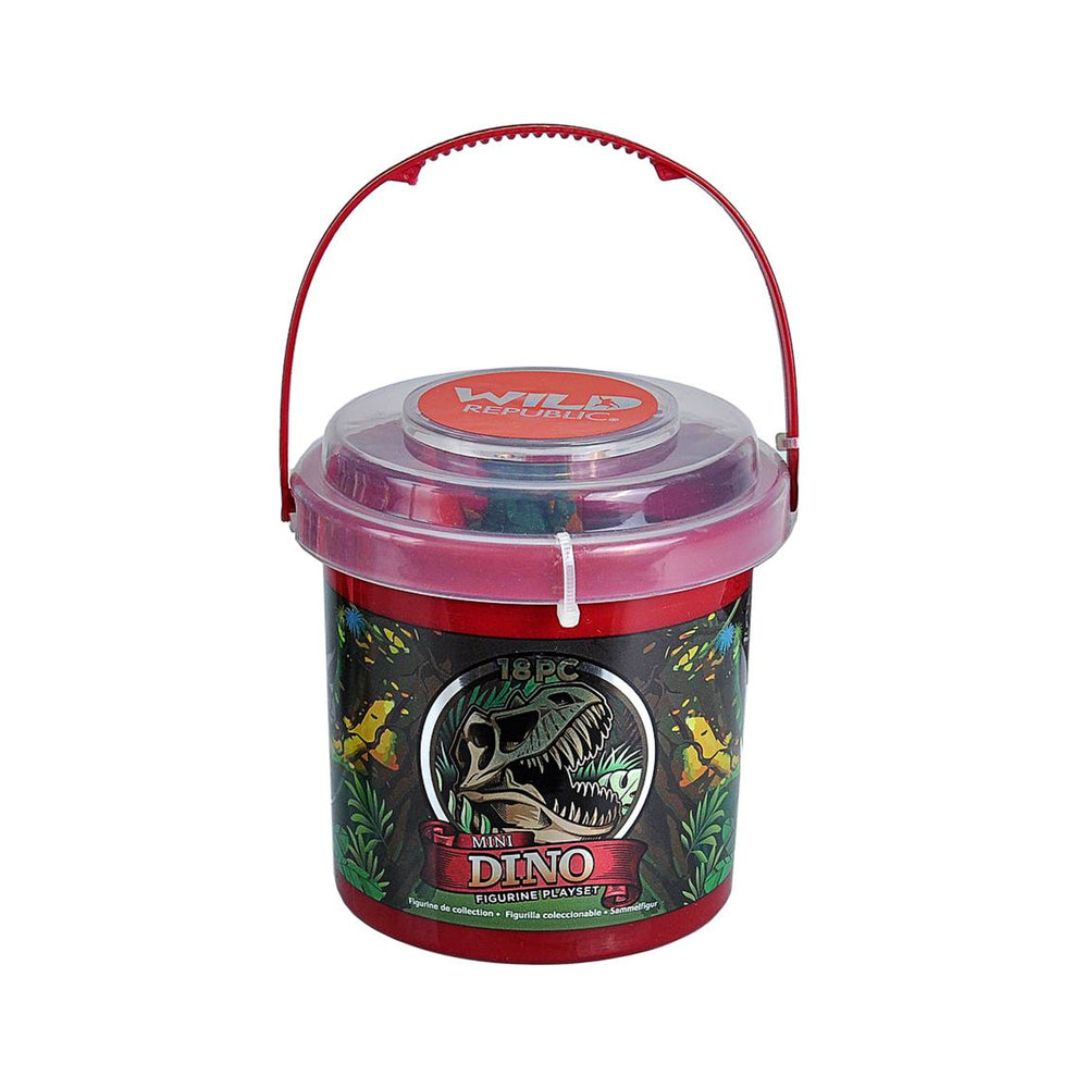 Red bucket containing miniature dinosaur figurines