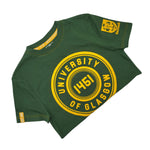 University of Glasgow Organic Cotton Circle T-Shirt in green. The image shows the t-shirt folded in half. There is a circle design printed in yellow on the chest. The UofG crest is printed in yellow on the sleeve. The circle design consists of the words "University of Glasgow" in block capitals, with the date 1451 in the middle.