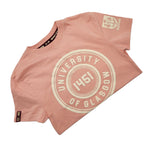 University of Glasgow Organic Cotton Circle T-Shirt in salmon pink. The image shows the t-shirt folded in half. There is an off-white circle design printed on the chest. The UofG crest is printed in off-white on the sleeve. The circle design consists of the words "University of Glasgow" in block capitals, with the date 1451 in the middle. 