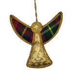 Gold and tartan hanging decoration in the shape of an angel. The decoration is made of fabric, gold metal embroidery thread, and small beads. The body is gold. The wings are red tartan with yellow and green accents.