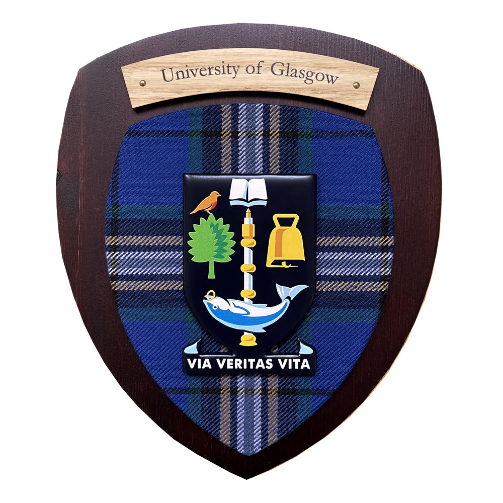 University of Glasgow Tartan Plaque in Dark Wood. Made with official UofG tartan, full colour raised crest, and light wooden plate over the top. The text on the plate reads: "University of Glasgow".